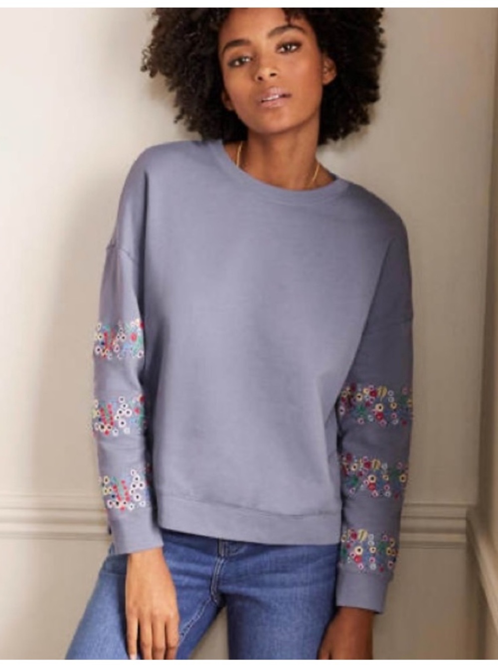 Boden embroidered crewneck sweatshirt with multicolor floral sleeves